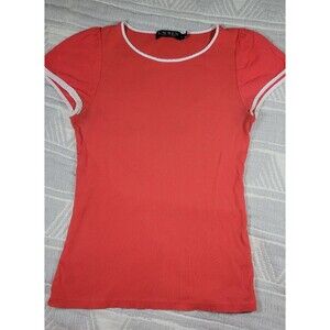 Lauren Ralph Lauren Ribbed Short Sleeve‎ Top Women’s M Coral Red White Trim